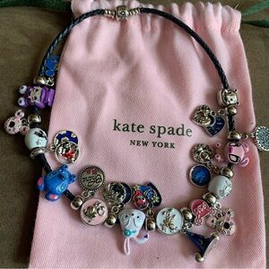 Pandora Black Leather Bracelet Wrap Twice /Necklace Disney Cartoon Figure Charms